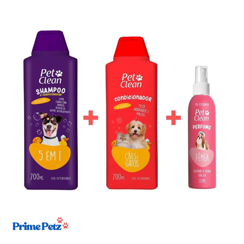 Kit Shampoo 5 Em 1 + Condicionador + Perfume para Pets - Pet Clean