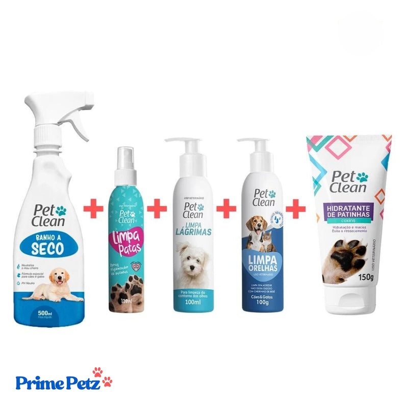 Kit Pet Clean - Banho a Seco, Limpa Patas, Orelhas, Lágrima e Hidratantes de patas